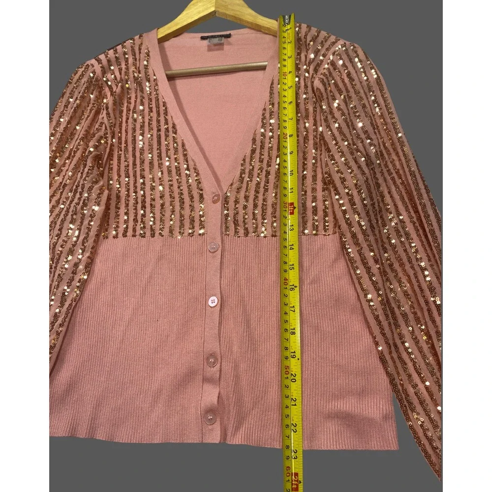 Venus Womens XL Pink Rose Gold Sequin Stripe Button‎ Front Cardigan Sweater NWOT